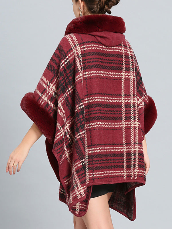 Hooded Faux Fur Trim Plaid Pocket Cape Cardigan