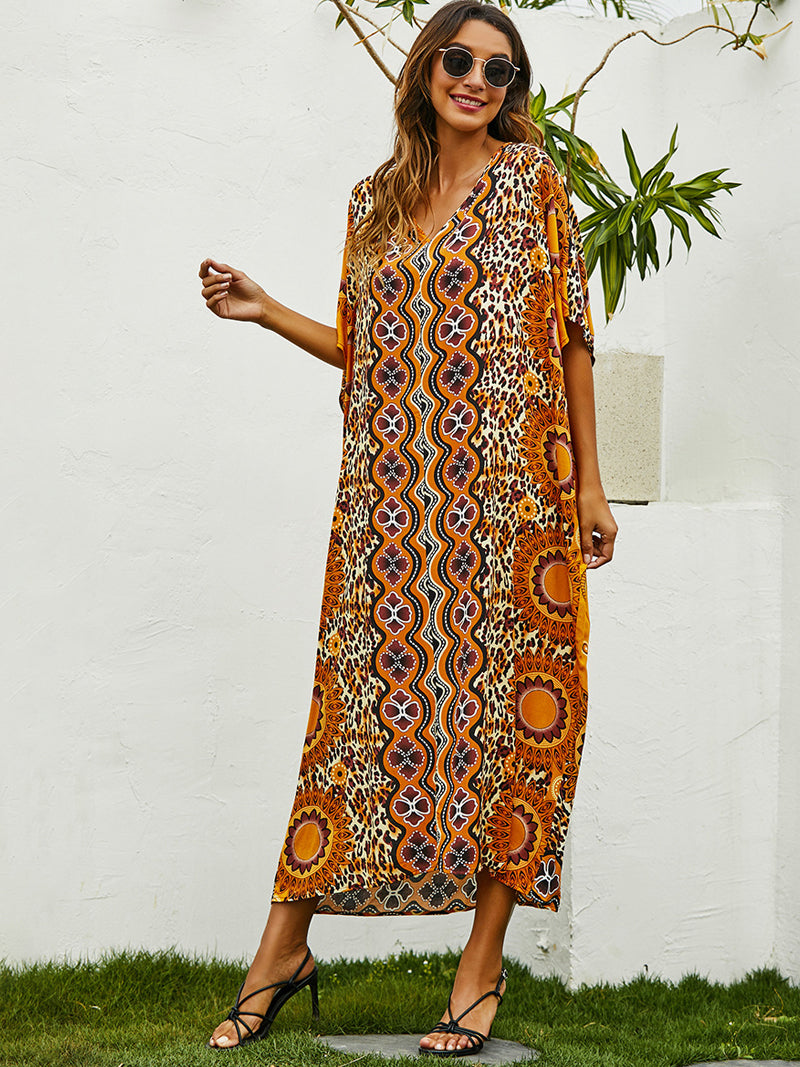 Yellow V-Neck Mandala Leopard Print Batwing Sleeve Kaftan Maxi Dress