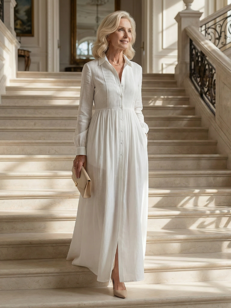 Collared Button-Front Pintuck Pleated Long Sleeve Shirt Maxi Dress