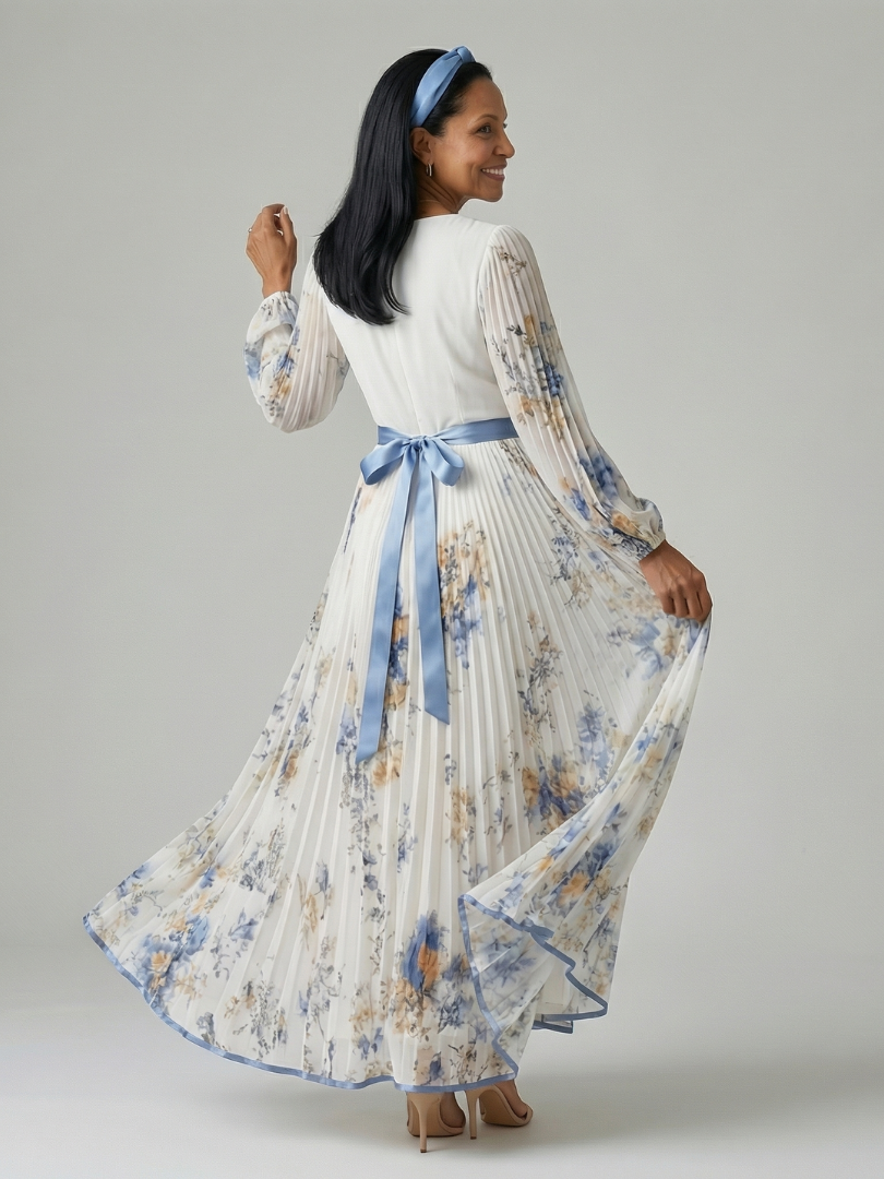White V-Neck Wrap Floral Pleated Long Sleeve Belted A-Line Maxi Dress 5