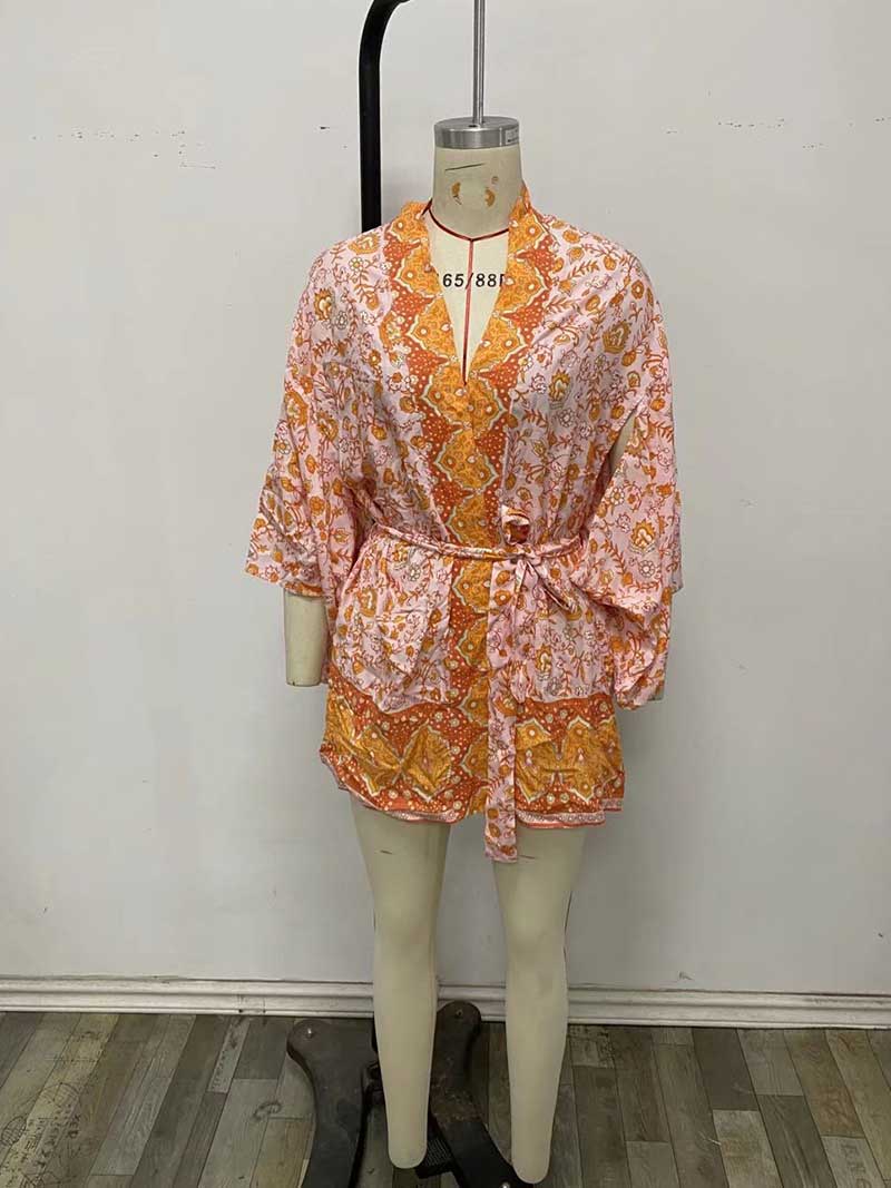 Floral Print Border Trim Tie Waist Kimono Robe 7
