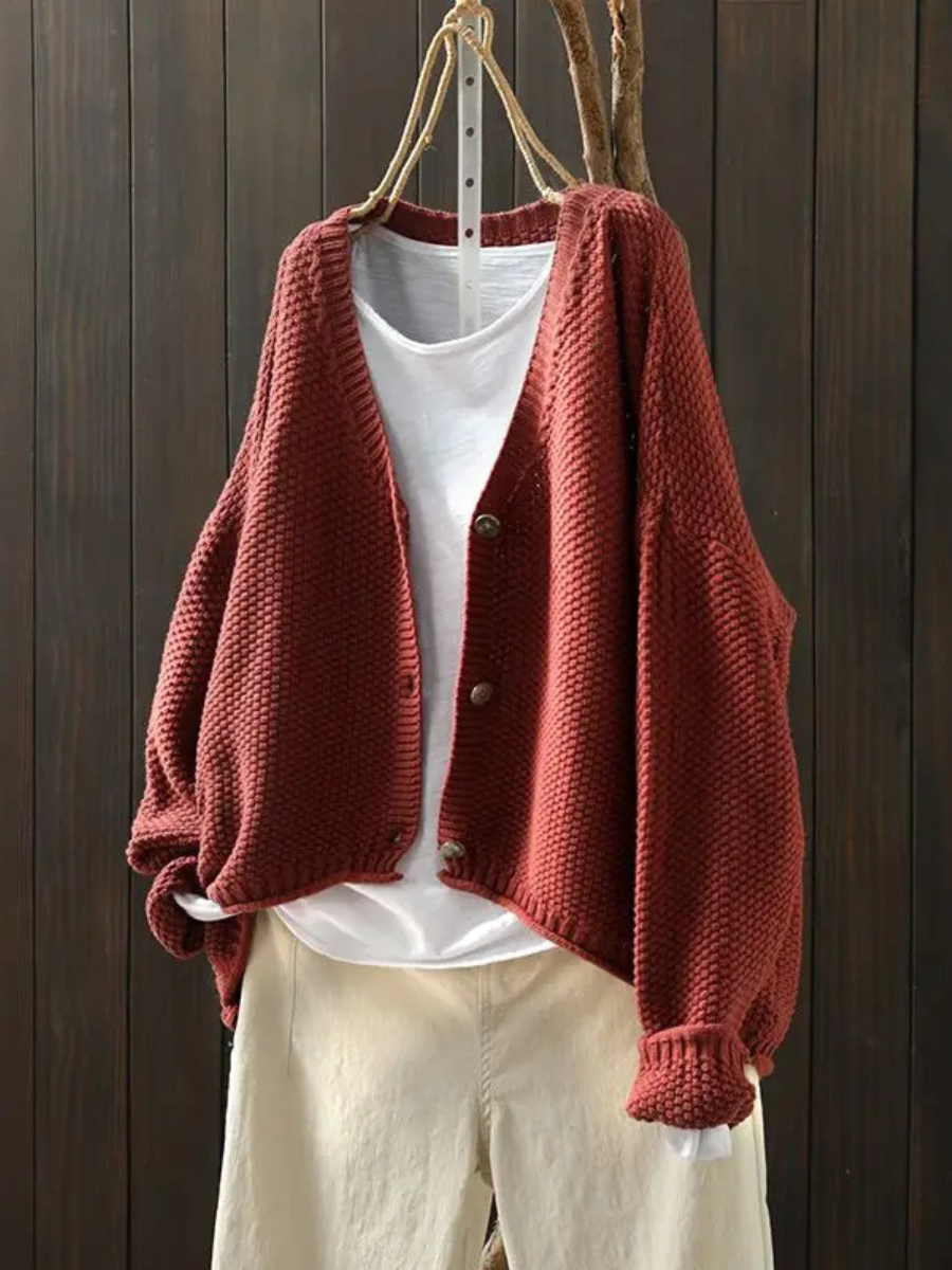 V-Neck Chunky Knit Button-Front Long Sleeve Pocket Cardigan