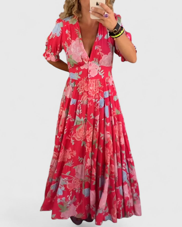 V-Neck Floral Print Puff Sleeve Button Front Tiered Maxi Dress