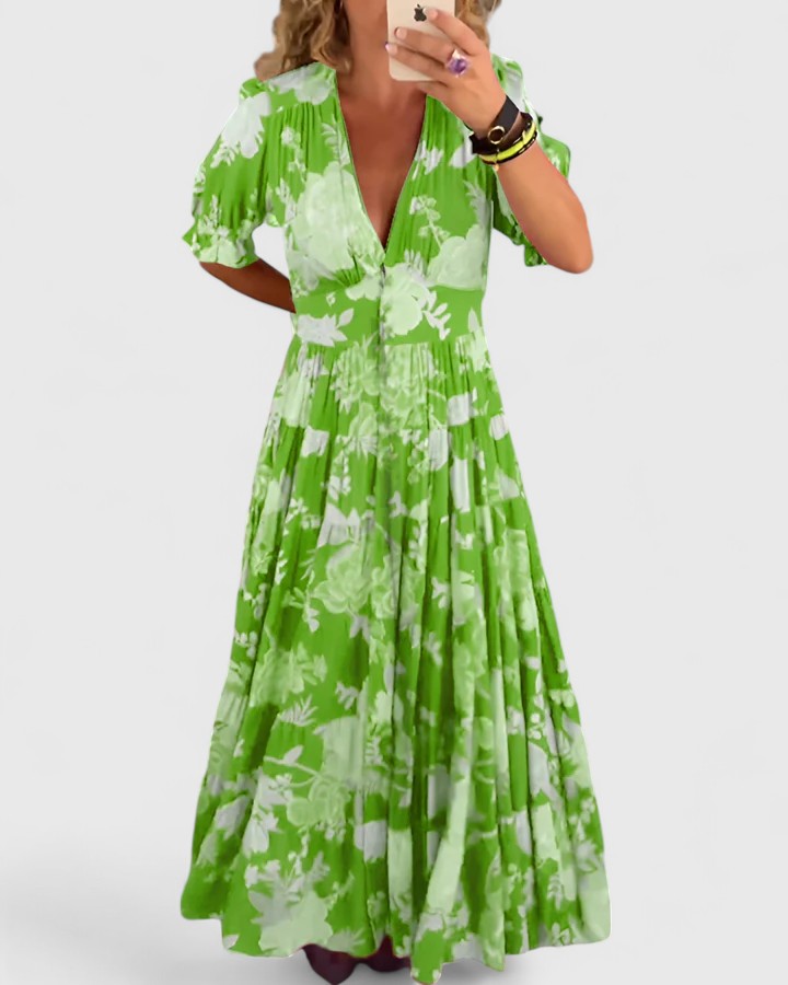 V-Neck Ruched Waist Bold Floral Puff Sleeve Tiered Maxi Dress