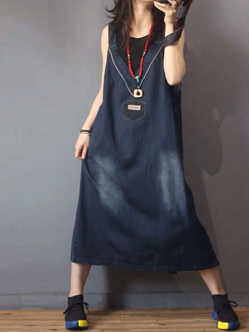 Blue Sleeveless Denim Pocket Pinafore Overall A-Line Midi Dress