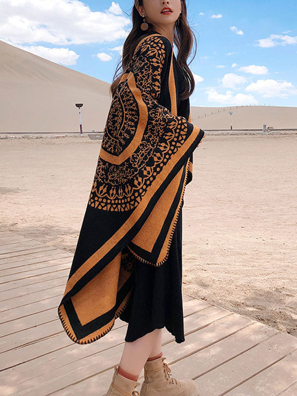 Black Open Front Contrast Border Floral Draped Cape Cardigan 4