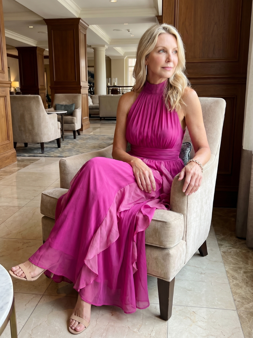 Pink Halter Neck Ruched Bodice Cascading Ruffle Chiffon Maxi Dress 5
