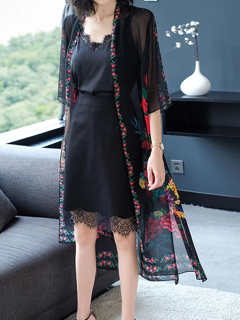 Open Front Floral Print Sheer Chiffon Long Kimono 4