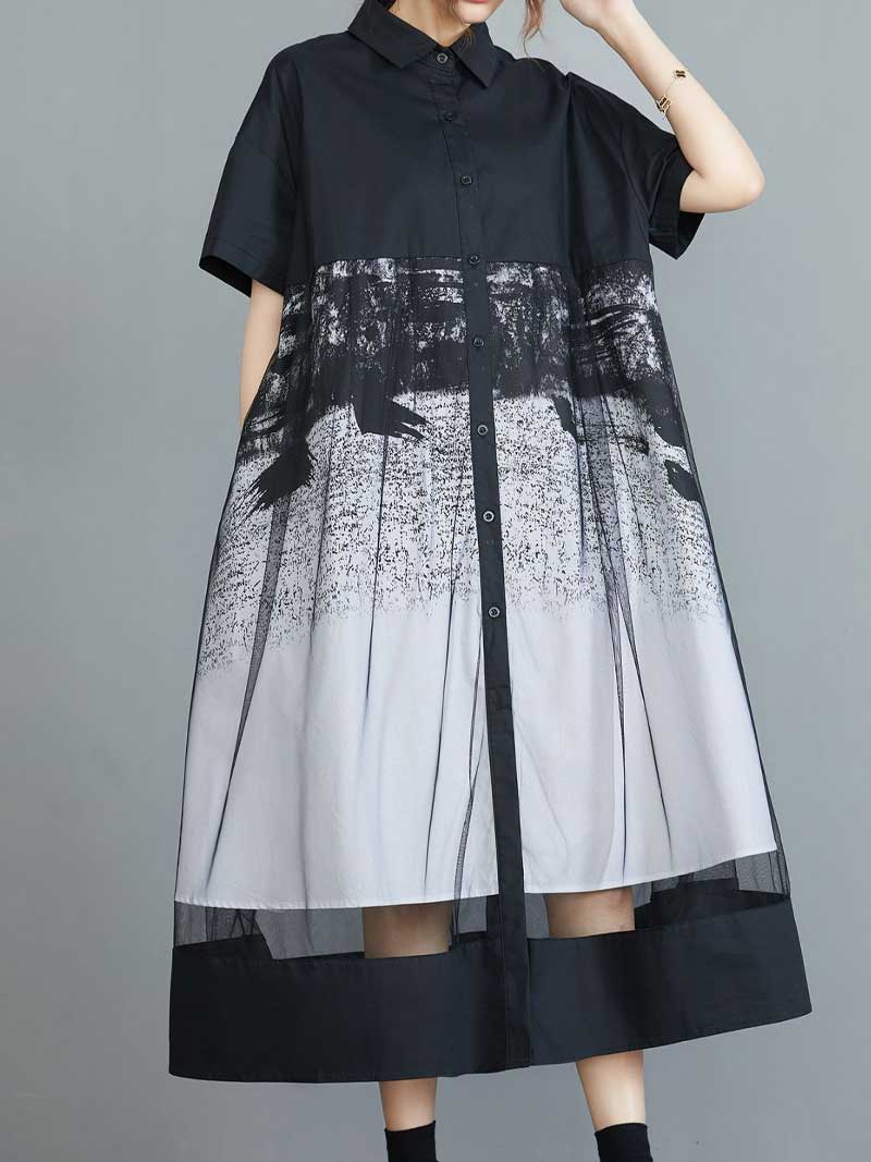 Black Collared Ink Print Button Front Mesh Hem A-Line Shirt Dress 3