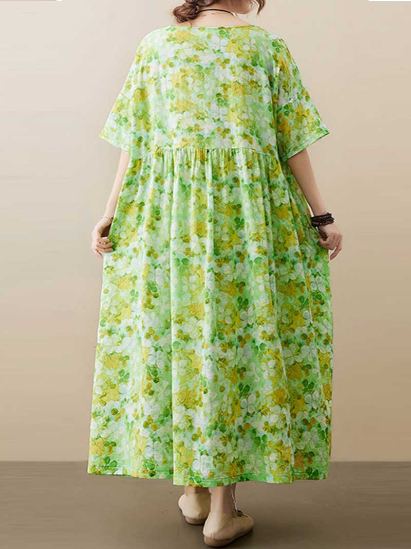 Green Round Neck Short Sleeve Ditsy Floral Pleated Smock Maxi Dress 2
