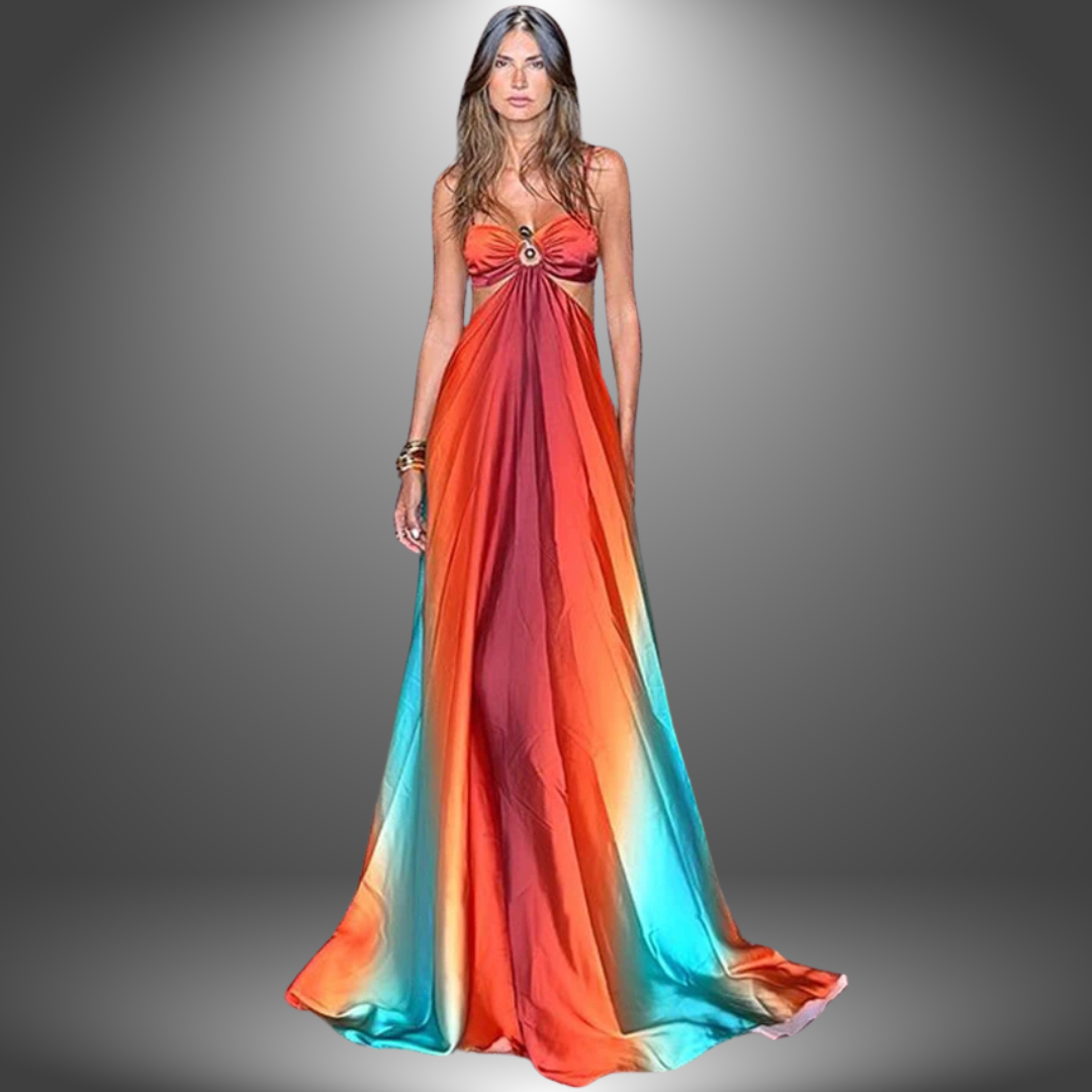 Orange Strapless Sweetheart Gradient Ring Cutout Satin Maxi Gown