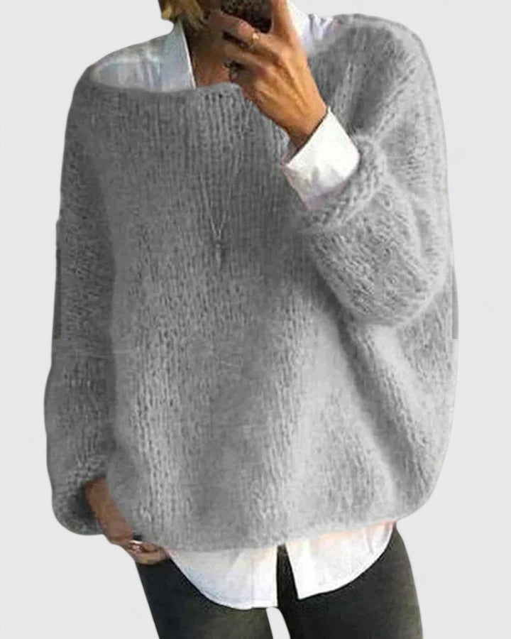 Round Neck Fuzzy Mohair Knit Long Sleeve Loose Sweater