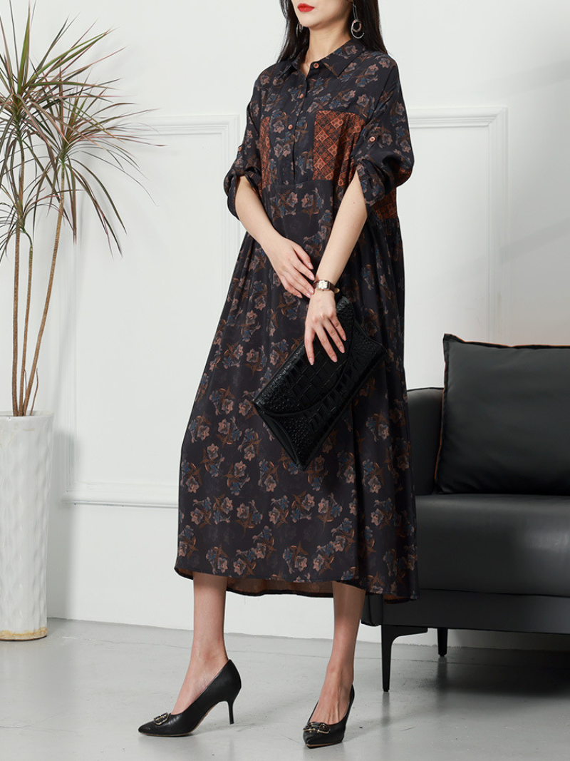Blue Collared Roll-Up Sleeve Floral Patchwork Button Loose Shirt Midi Dress