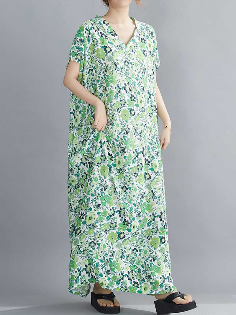Multicolor V-Neck Floral Print Short Sleeve Loose Kaftan Maxi Dress