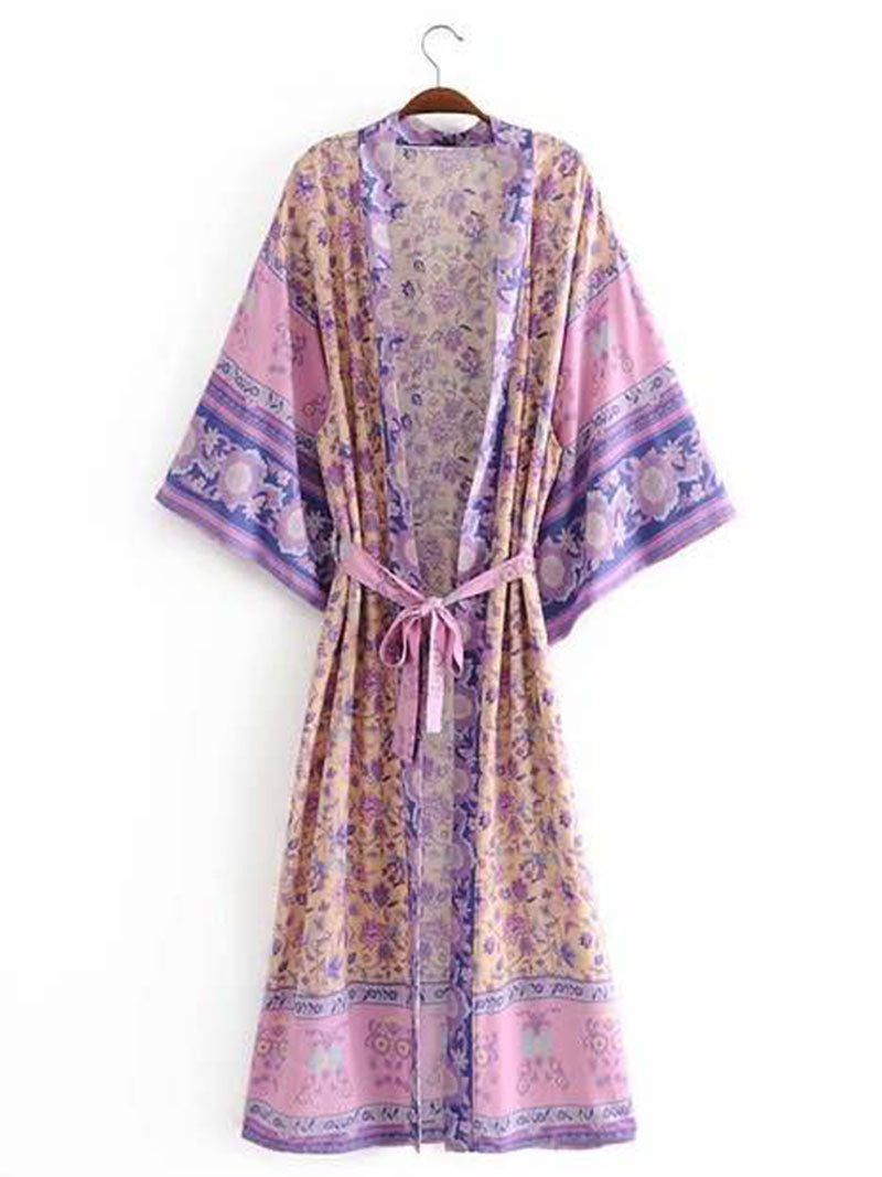 Violet Bohemian Floral Print Belted Long Kimono Robe