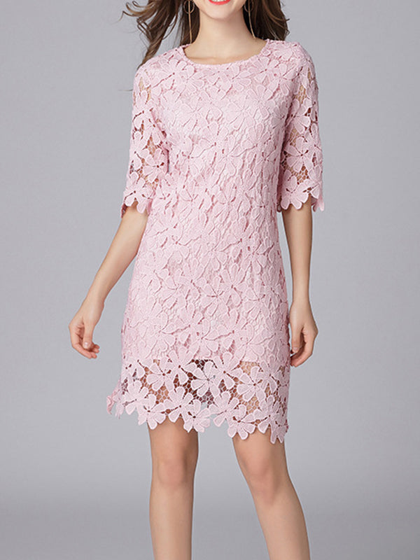 Pink Round Neck Floral Crochet Lace Scalloped Hem Shift Mini Dress