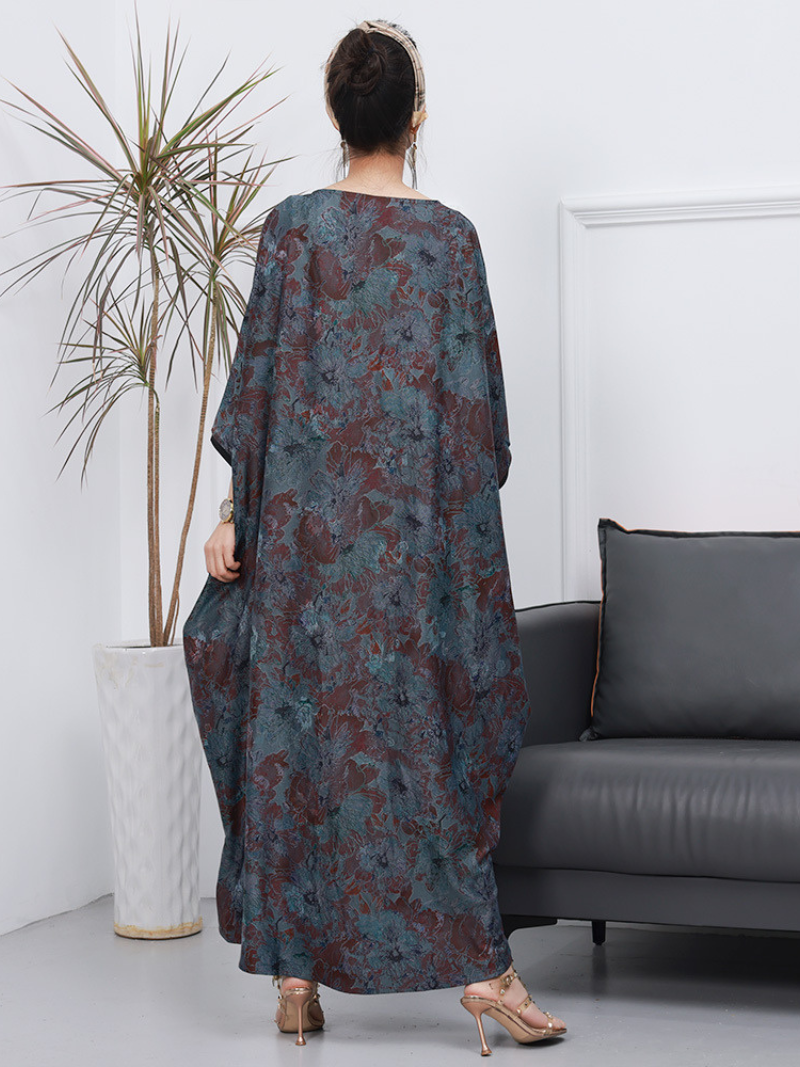 Blue Round Neck Floral Print Batwing Sleeve Loose Kaftan Maxi Dress