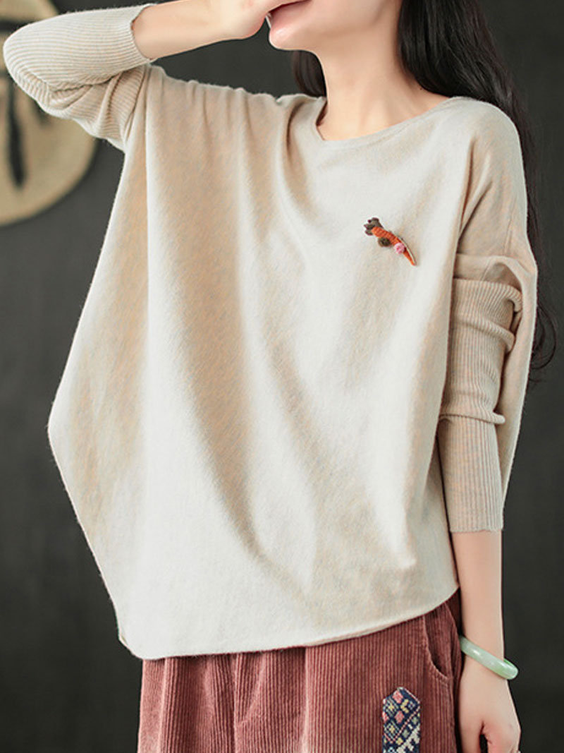 Round Neck Batwing Sleeve Carrot Embroidered Loose Knit Sweater 5