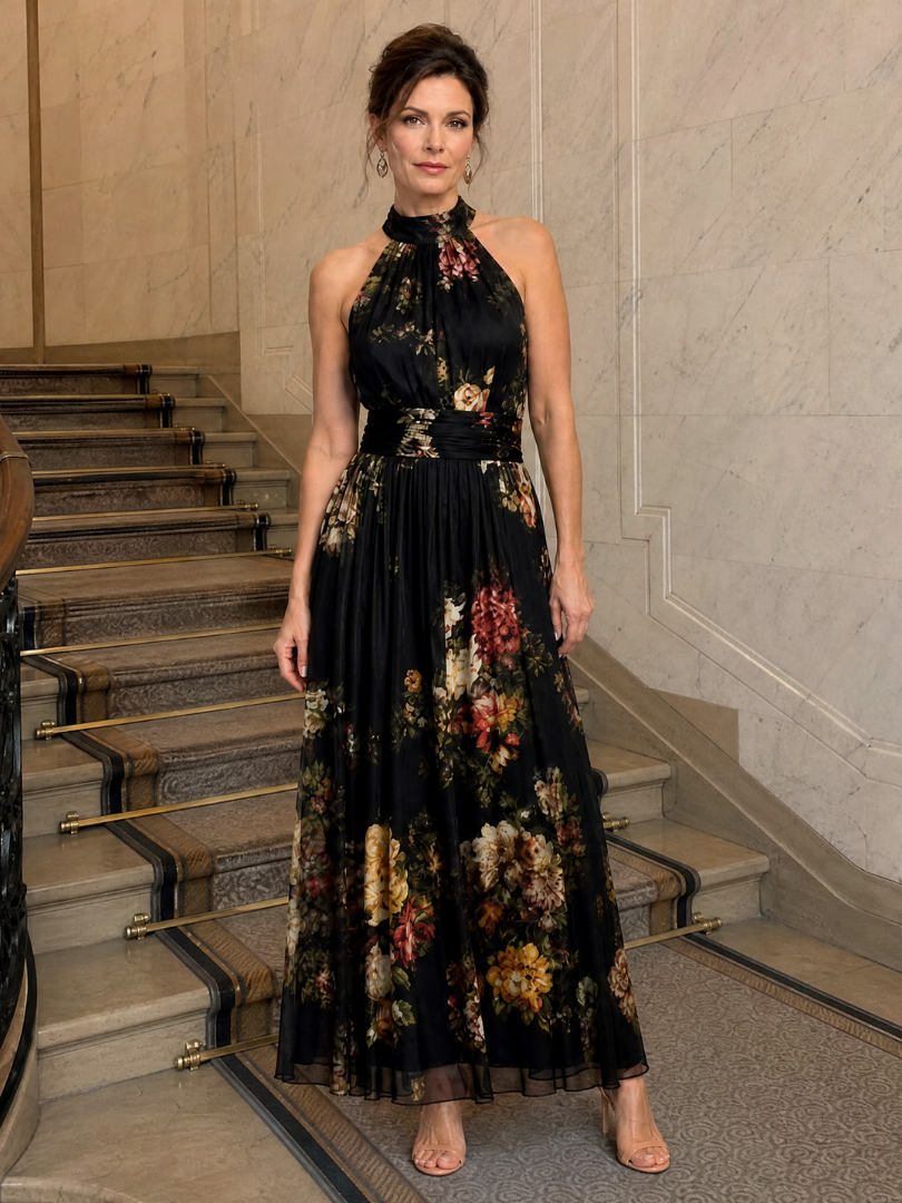 Black Halter Neck Floral Print Ruched Waist Sleeveless Pleated Maxi Dress 5