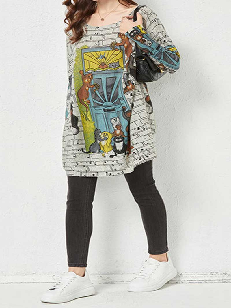 Grey Scoop Neck Novelty Graphic Print Long Sleeve Knit Tunic Top