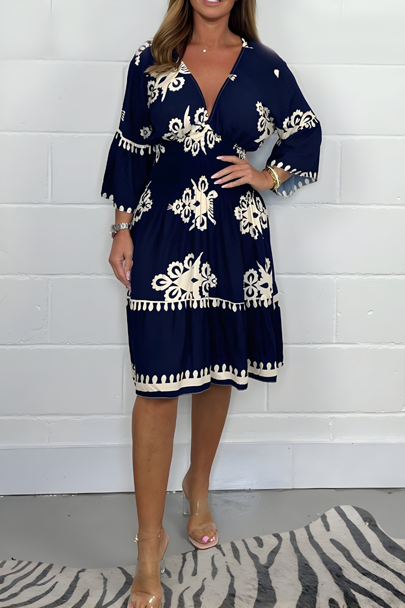 V-Neck Flare Sleeve Baroque Print Scallop Trim Tiered Midi Dress 5