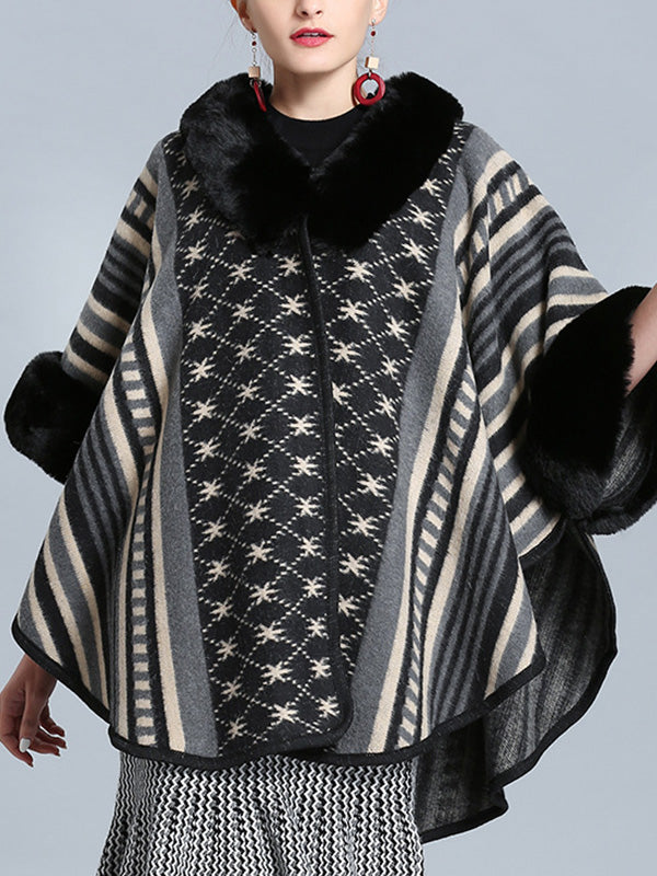 Faux Fur Collar Striped Aztec Print Cape Cardigan 4