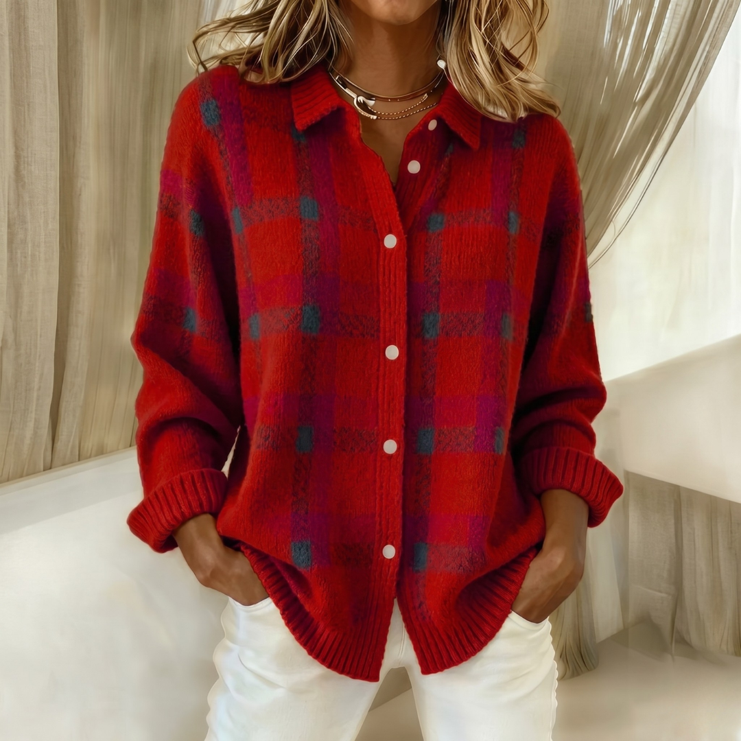 Collared Plaid Knit Button Front Long Sleeve Cardigan 9