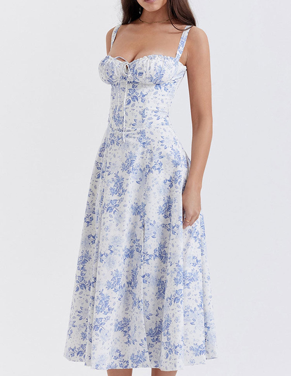 Sweetheart Neck Floral Print Corset Strap High Slit Midi Dress 3