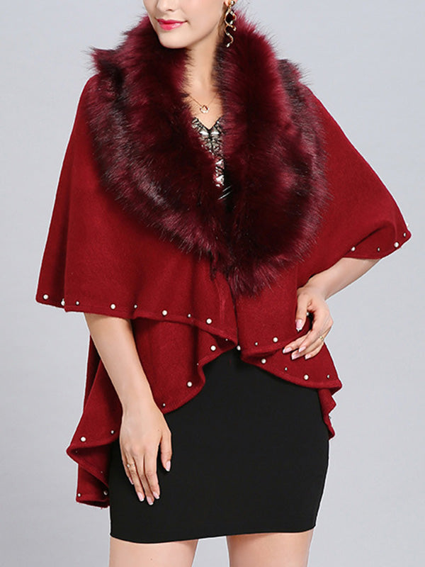 Fur Collar Pearl Trim Draped Knit Cape Cardigan 6