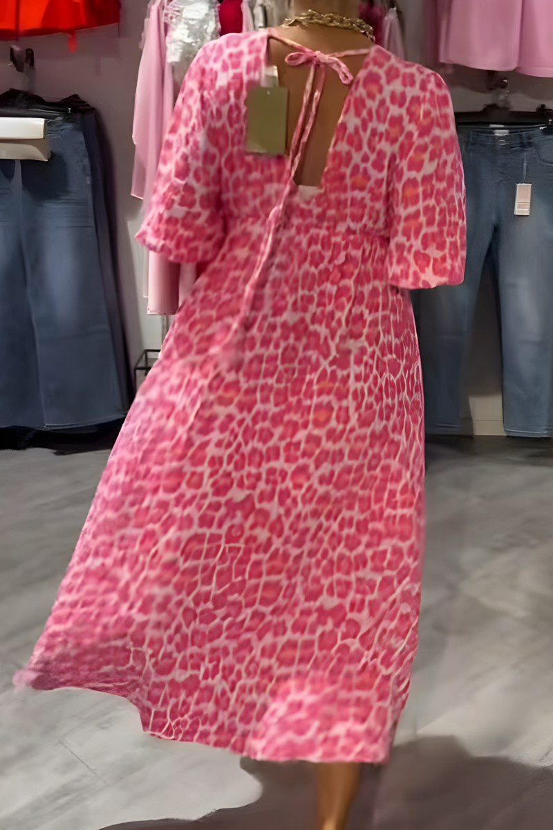 V-Neck Geometric Stripe Puff Sleeve Empire Waist Flowy Maxi Dress 5