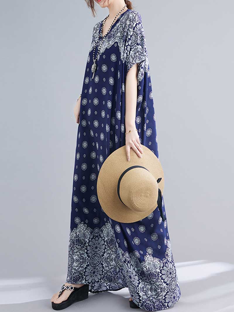 Blue V-Neck Short Sleeve Medallion Print Loose Kaftan Maxi Dress