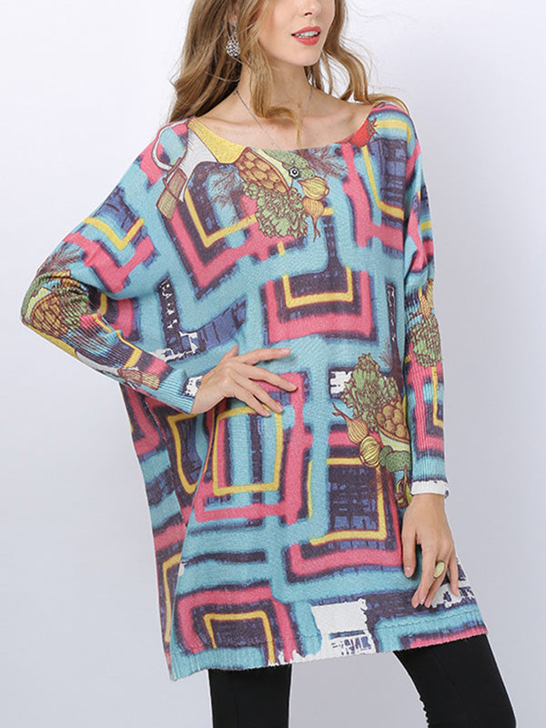 Multi Color Boat Neck Long Sleeve Abstract Geometric Print Knit Sweater 5