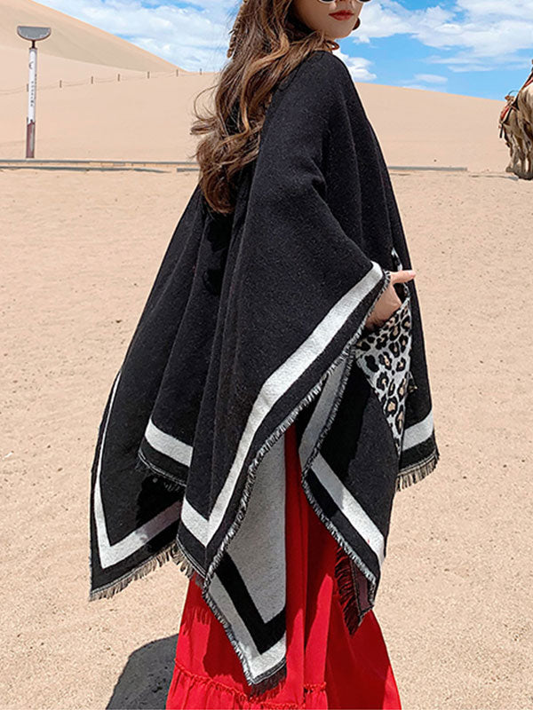 Leopard Pocket Fringe Trim Open Front Shawl Cape 8