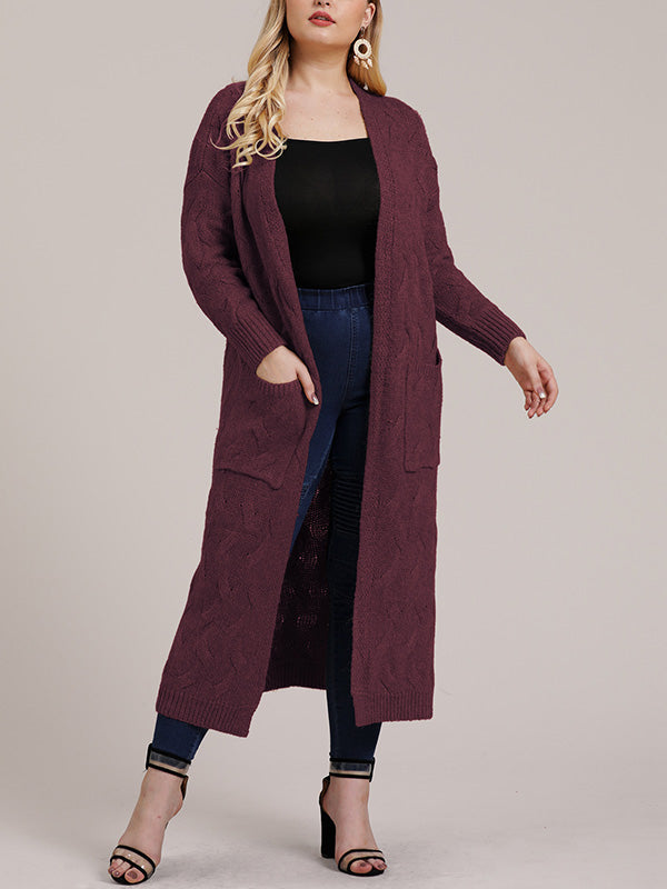 Open Front Cable Knit Pocket Longline Cardigan