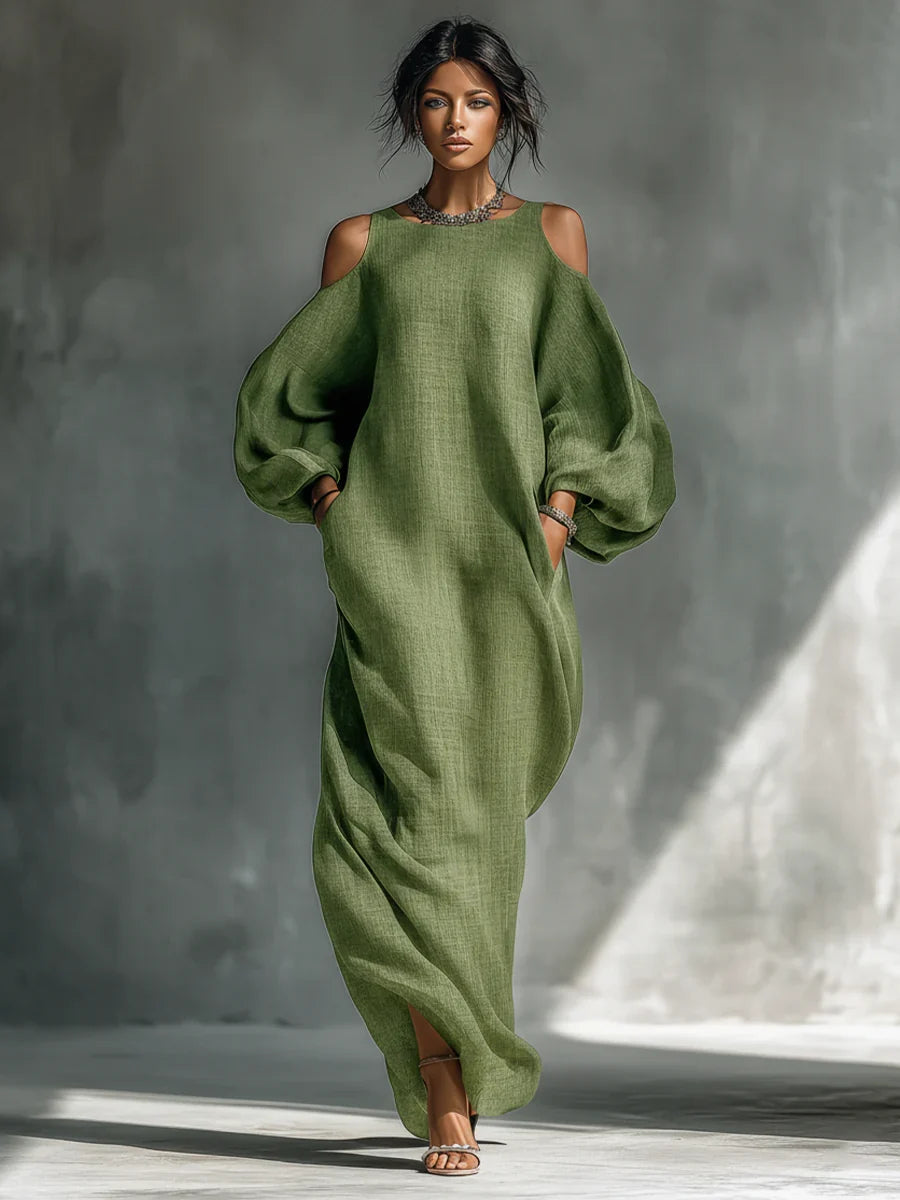 Turquoise Round Neck Cold Shoulder Long Sleeve Linen Oversized Maxi Dress