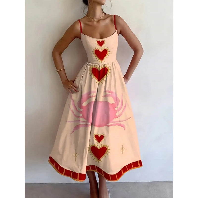 Spaghetti Strap Scoop Neck Heart Crab Print A-Line Midi Dress