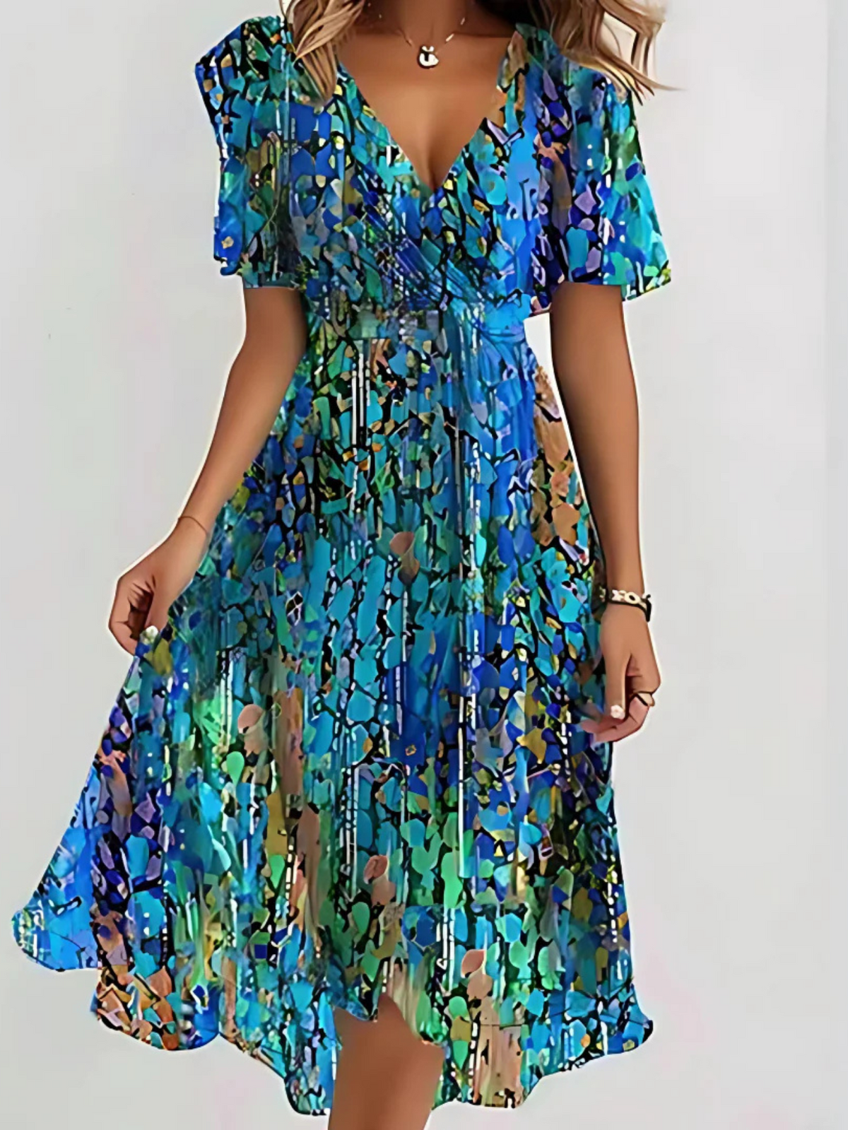 V-Neck Floral Chiffon Wrap Flutter Sleeve A-Line Midi Dress