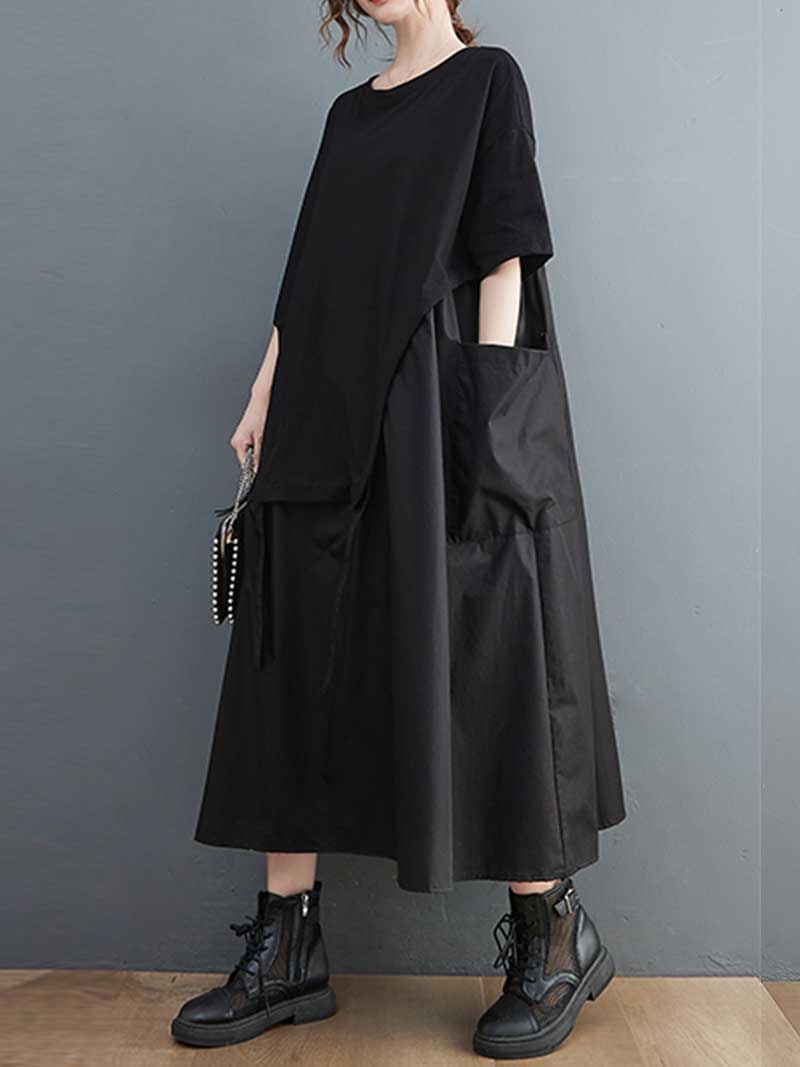 Black Round Neck Short Sleeve Layered Loose A-Line Maxi Dress