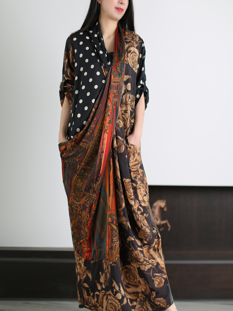 Multi Color Polka Dot Baroque Floral Patchwork Batwing Kaftan Maxi Dress 4