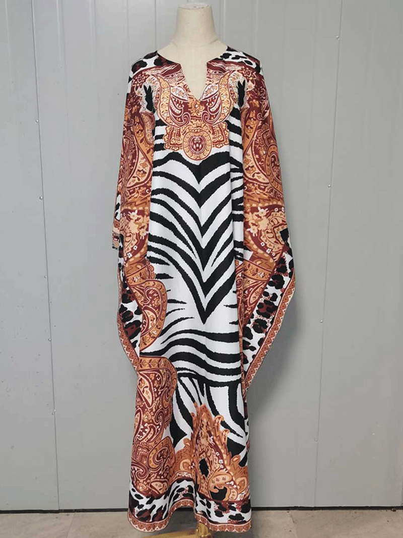 Multicolor Split Neck Zebra Paisley Print Batwing Sleeve Kaftan Maxi Dress 5