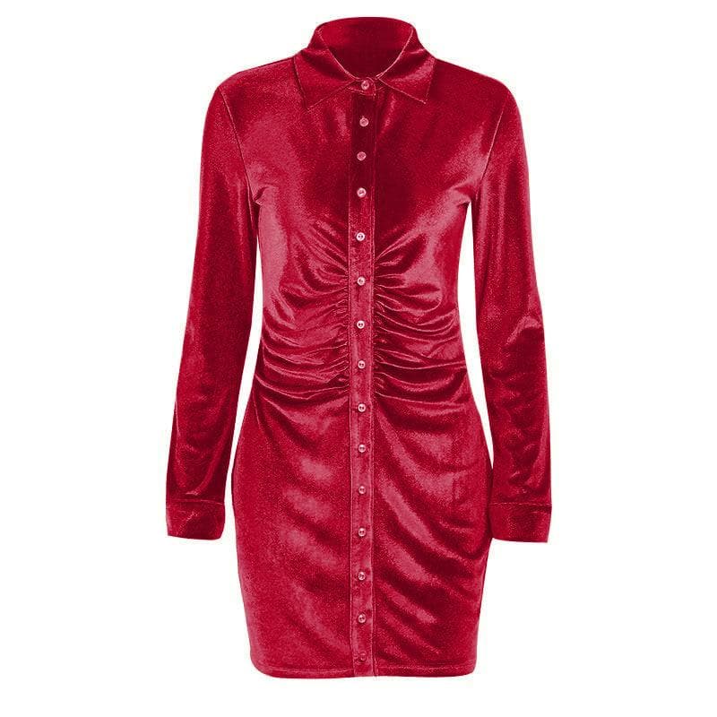 Button-through turnover collar ruched dress - Final Sale