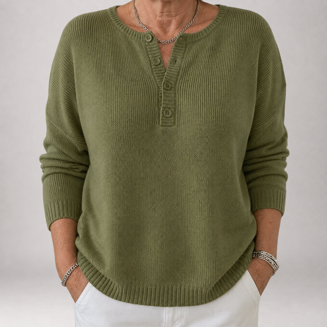 Olive Green Round Neck Button Henley Long Sleeve Knit Sweater
