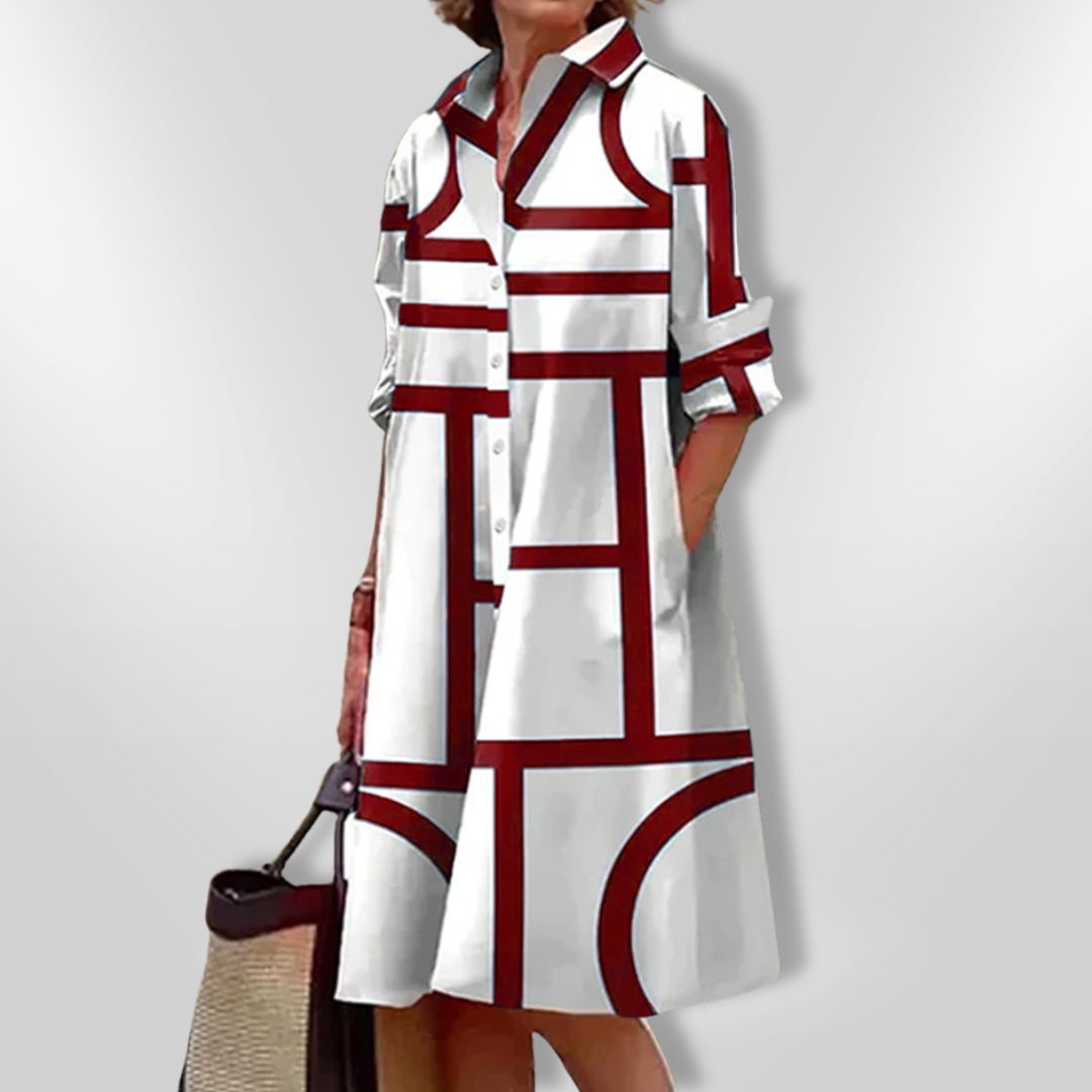 Lapel Collar Geometric Print Button Front Pocket Shirt Dress
