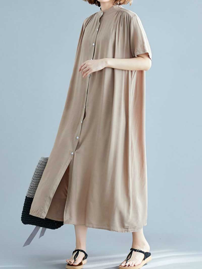 Button Front Short Sleeve Loose Cotton Shirt Maxi Dress 8