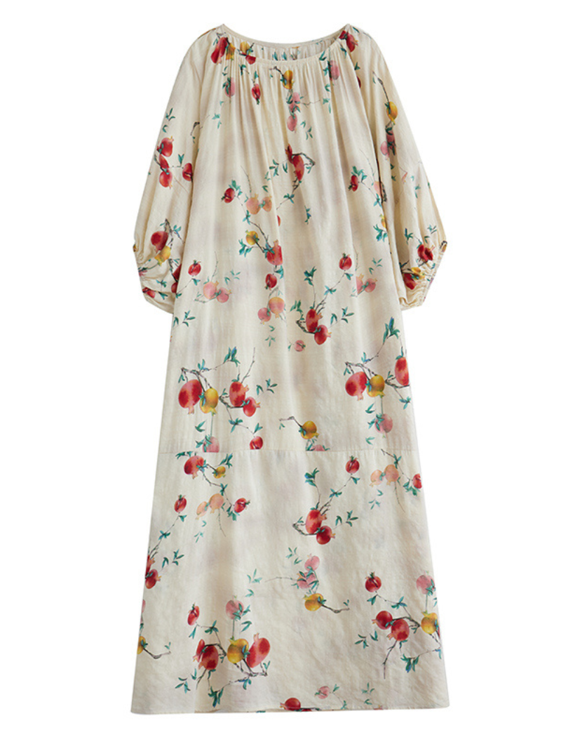 White Round Neck Fruit Print Batwing Sleeve Loose A-Line Maxi Dress