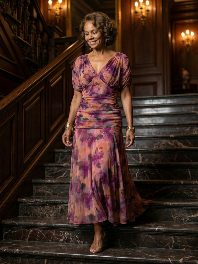 Off-Shoulder V-Neck Watercolor Floral Ruched Chiffon Maxi Dress 18