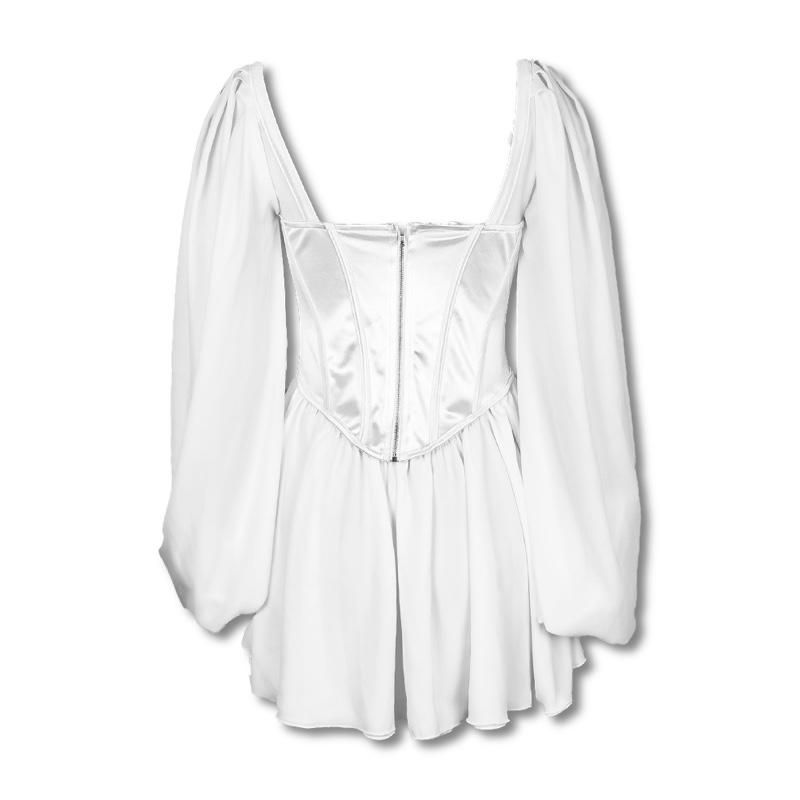 White Sweetheart Puff Sleeve Satin Corset A-Line Mini Dress
