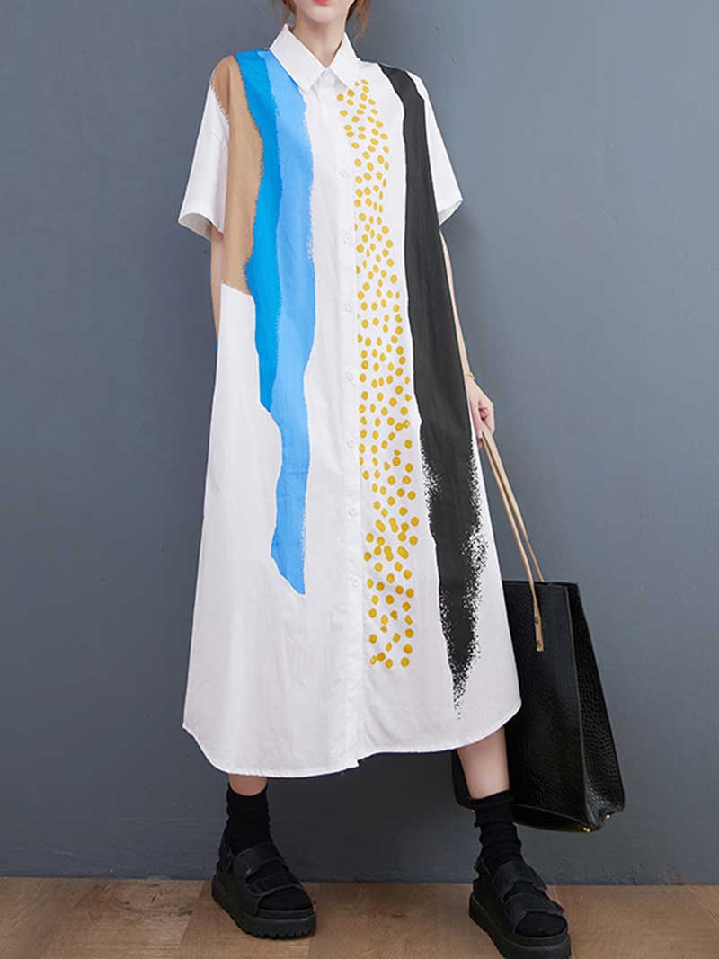 Collared Abstract Print Short Sleeve Shirt Midi Dress