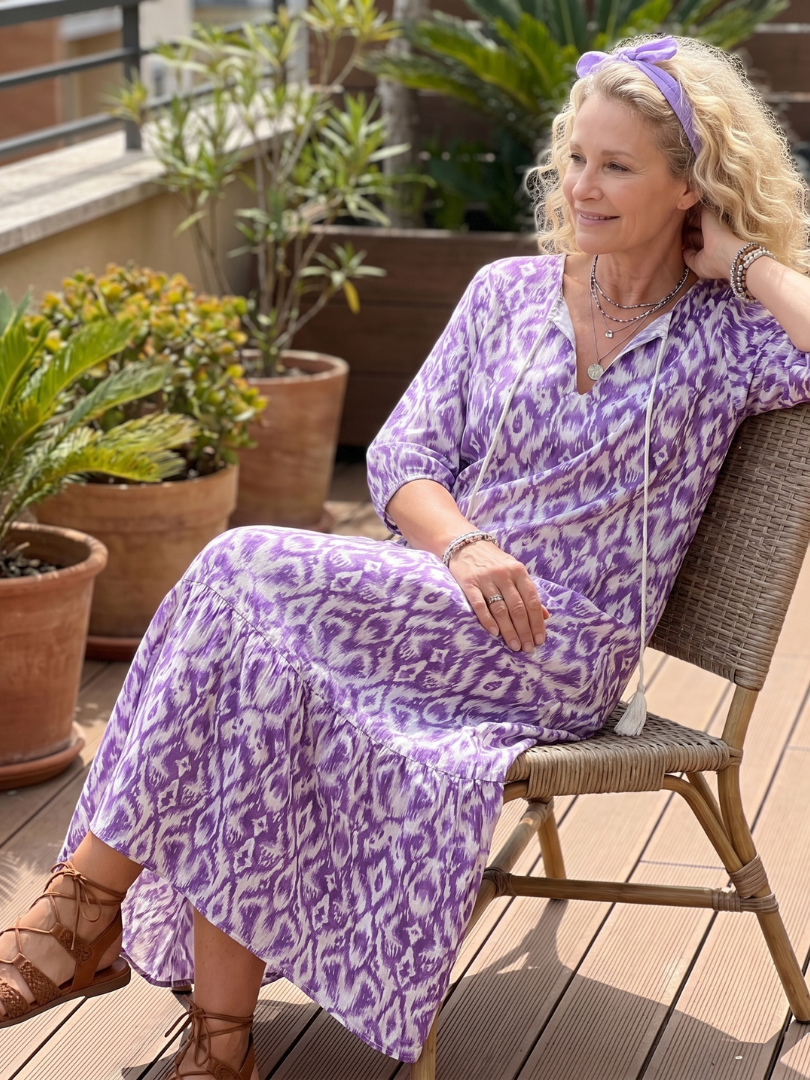 Purple Tassel Tie Neck Ikat Print Three Quarter Sleeve Tiered Maxi Dress 5