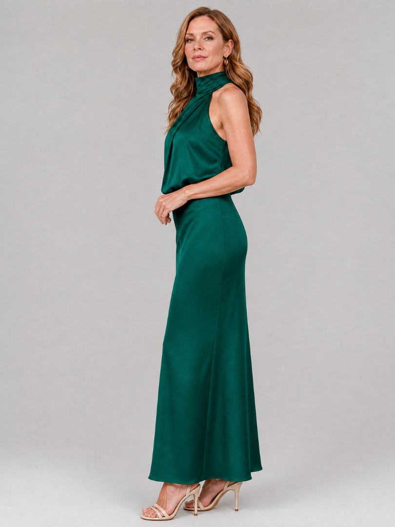 Halter Neck Twist Front Blouson Satin Column Maxi Dress 6